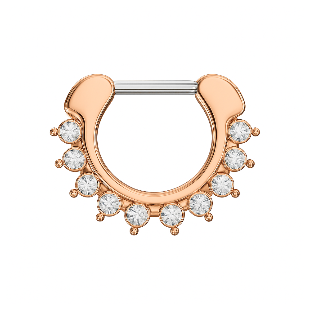 316L Surgical Steel With Rose Gold PVD Single Line 9 CZ's Pronged Septum Clicker Ring