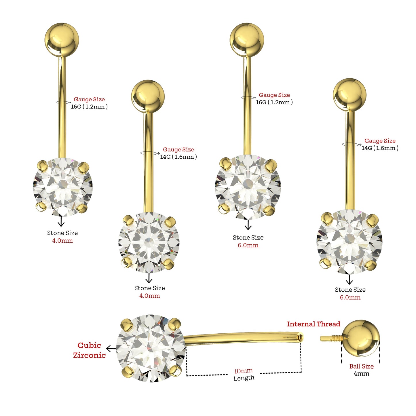 14K Gold Round CZ Jewelled Internally Threaded Belly Ring - Monster Piercing