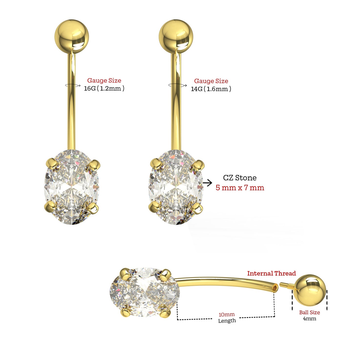 14K Gold Oval CZ Jewelled Internally Threaded Belly Ring - Monster Piercing