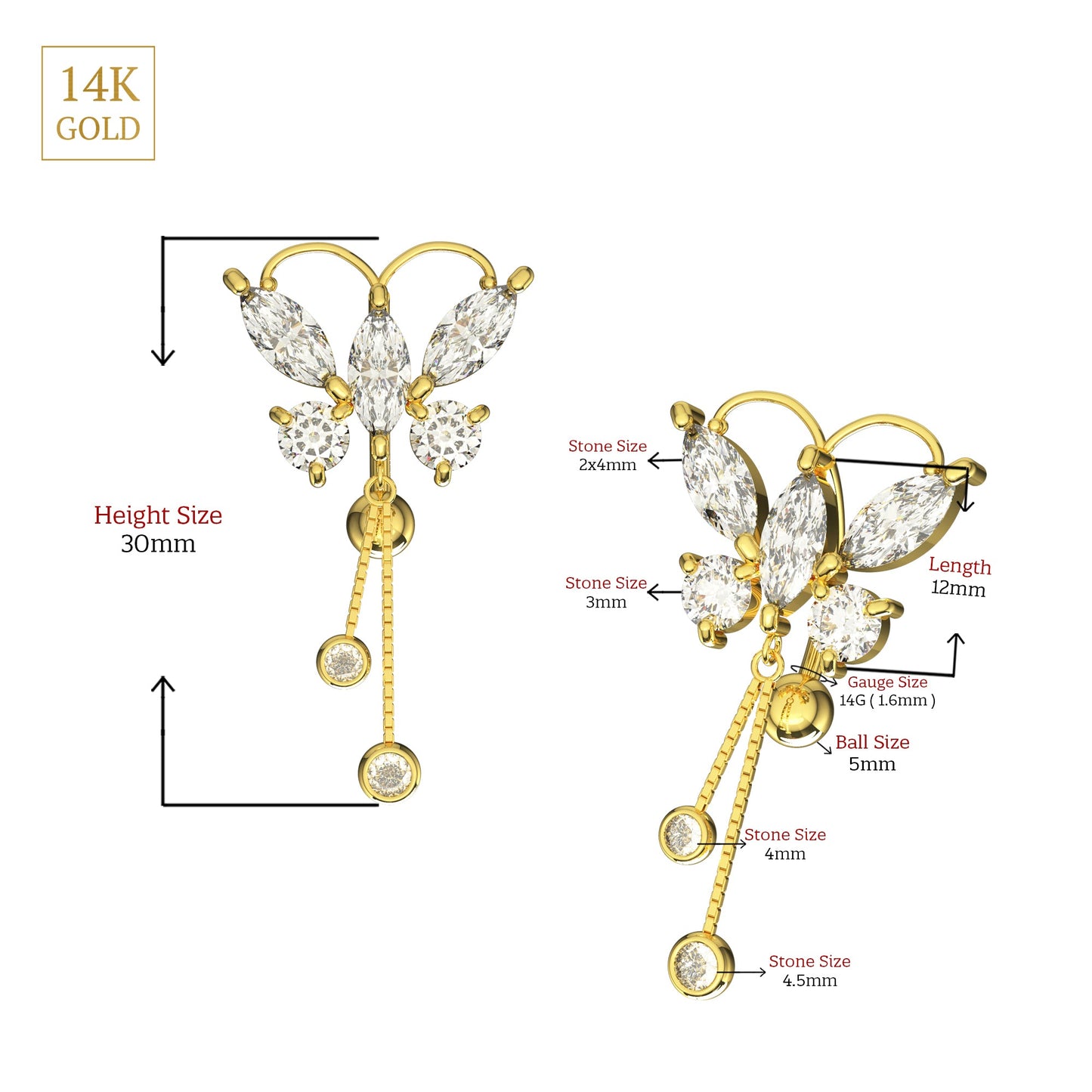 14K Gold Firefly Danglers Belly Ring - Monster Piercing