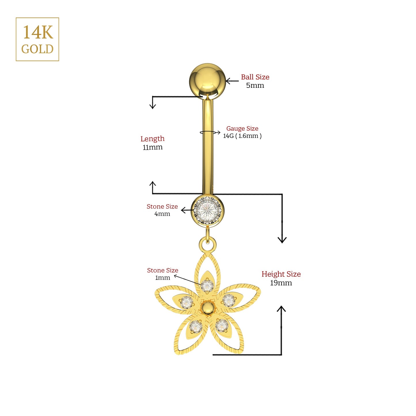 14K Gold CZ Jewelled Flower Design Dangling Belly Ring - Monster Piercing