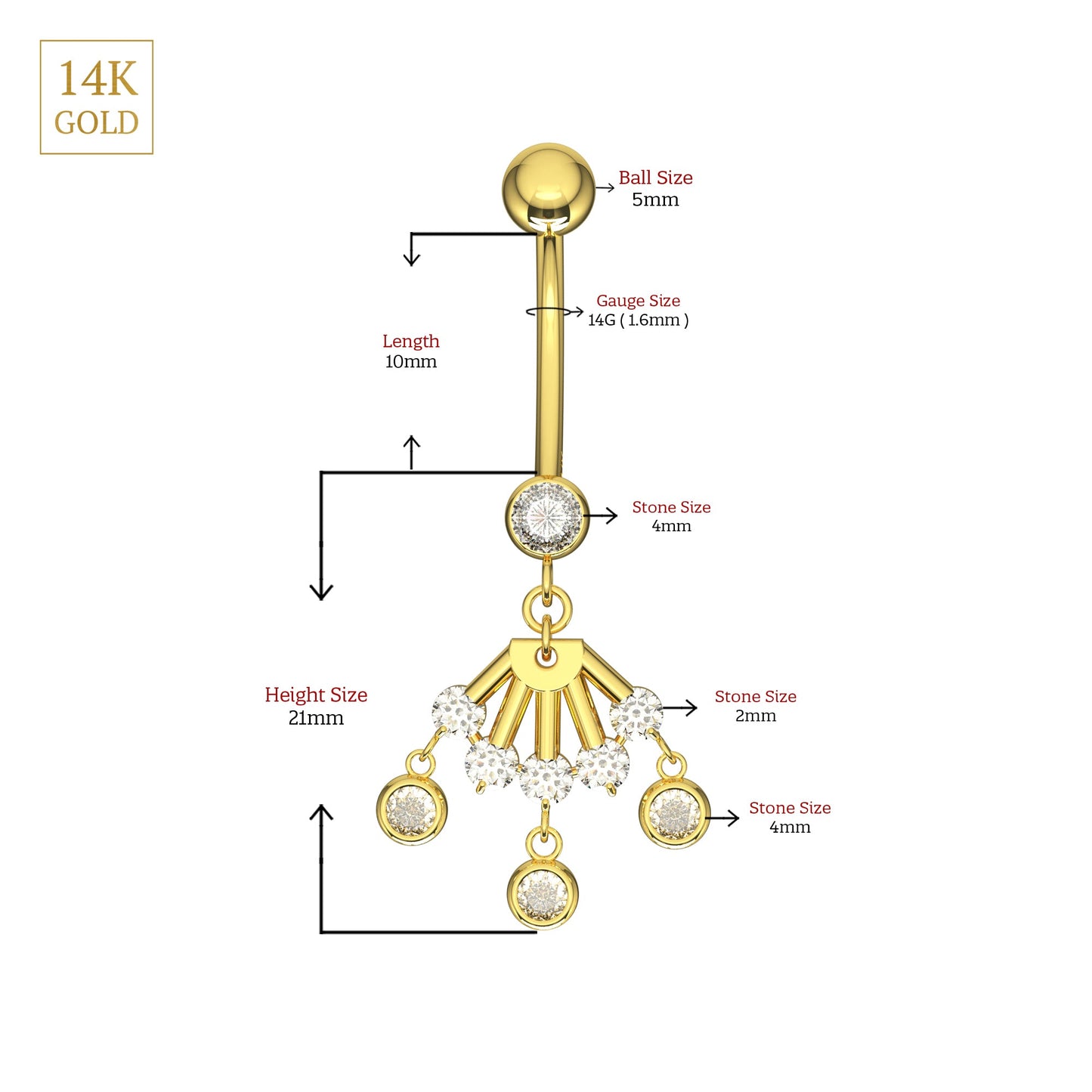 14K Solid Gold Studded Trio Dangling Belly Ring - Monster Piercing