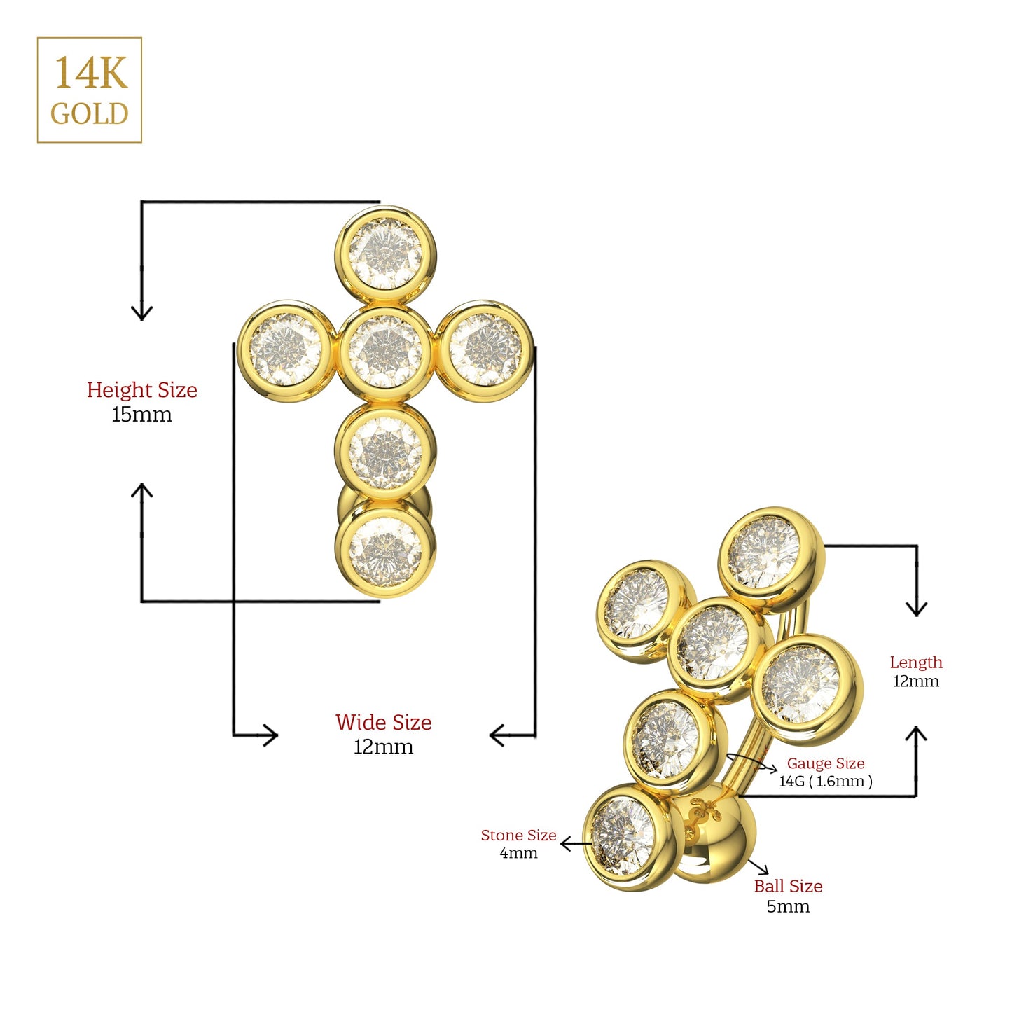 14K Solid Gold Studded Cross Reverse Belly Ring - Monster Piercing