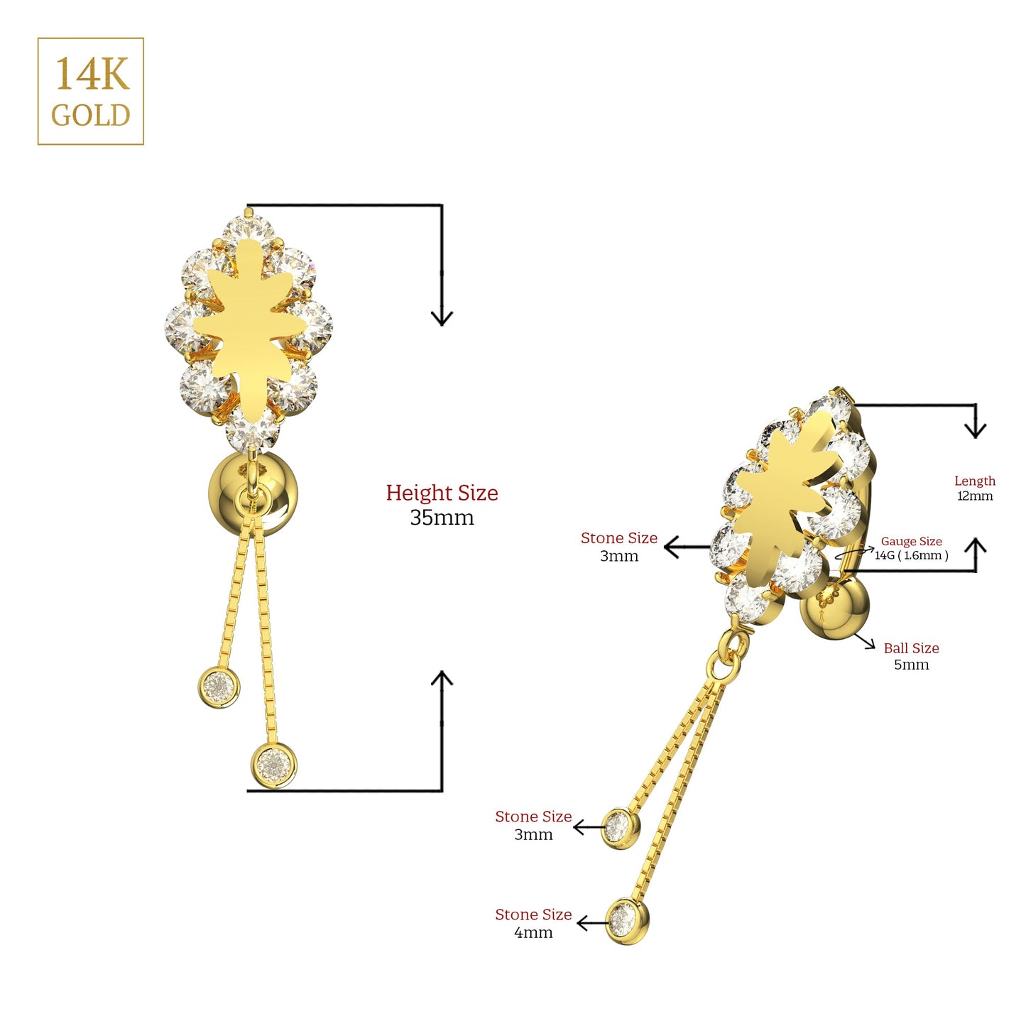 14K Gold Studded Danglers Belly Ring - Monster Piercing