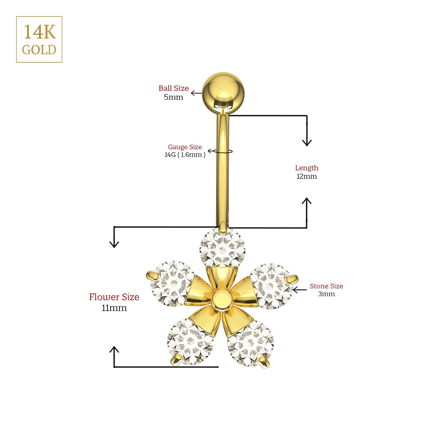 14K Gold Studded Pentas Flower Belly Ring - Monster Piercing