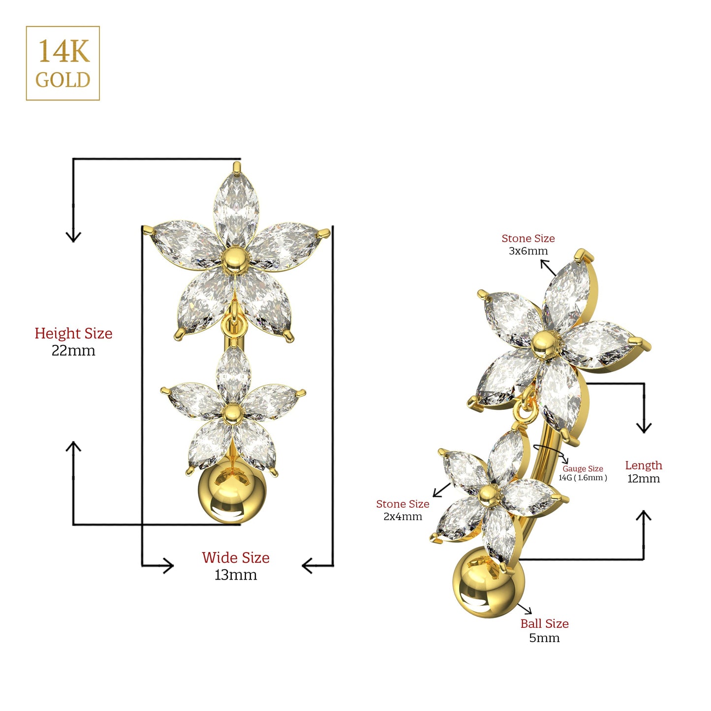 14K Gold Jewelled Pentas Duo Belly Ring