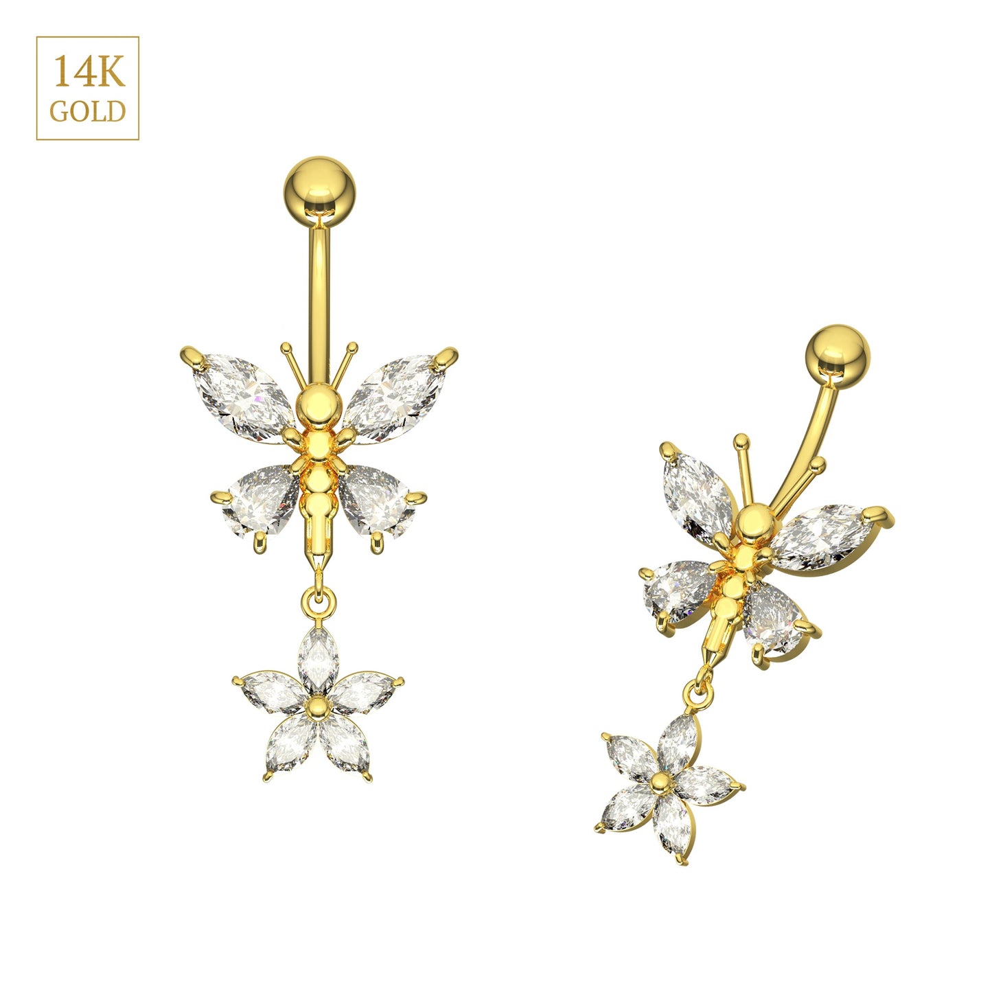 14K Gold Jewelled Dangling Butterfly Belly Ring - Monster Piercing