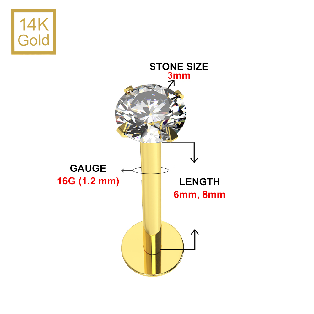 14K Gold Moissanite Stone Threadless Flatback Stud - Monster Piercing