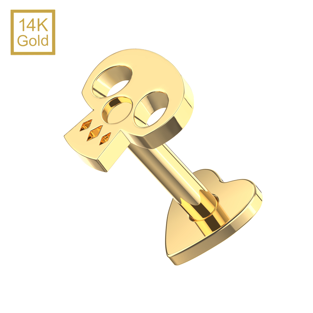14K Gold Internal Thread Plain Skull Top With Internal Thread Base Labret - Monster Piercing