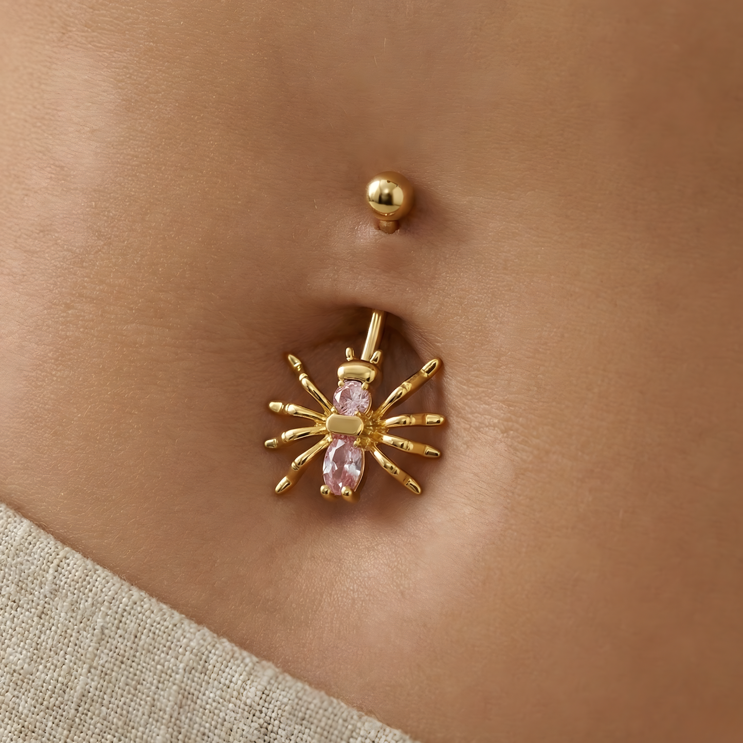 14K Gold Pink Jewelled Spider Belly Ring