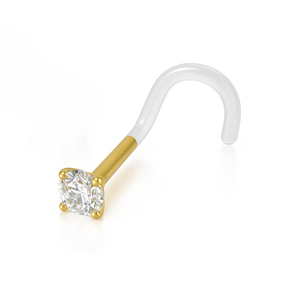 14K Gold Head Bio-Plast Nose Screw with CZ Stone - Monster Piercing