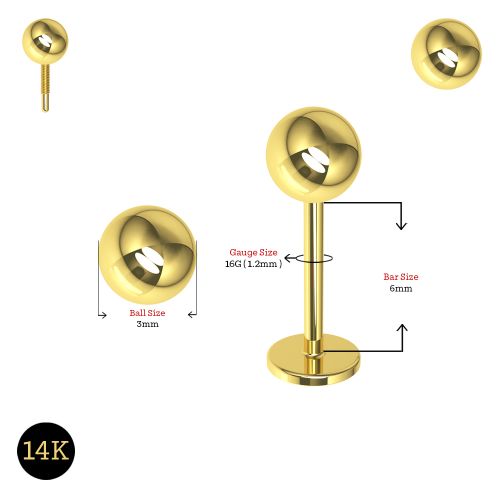 14K Gold Internally Threaded Full Ball Top Flatback Stud - Monster Piercing