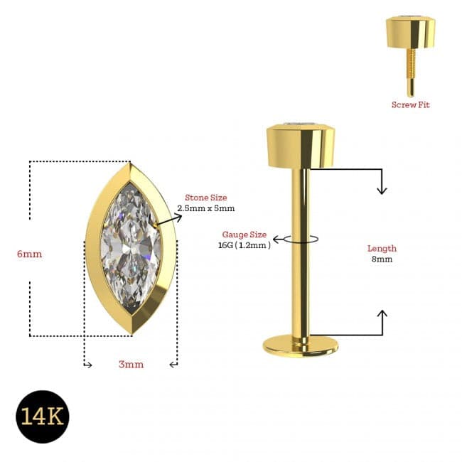 14K Gold Marquise CZ In Bezel Internal Threaded Flatback Stud - Monster Piercing