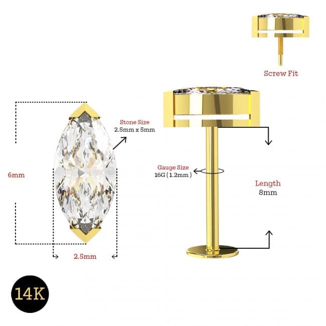 14K Gold Internal Threaded Marquise CZ Flatback Stud - Monster Piercing
