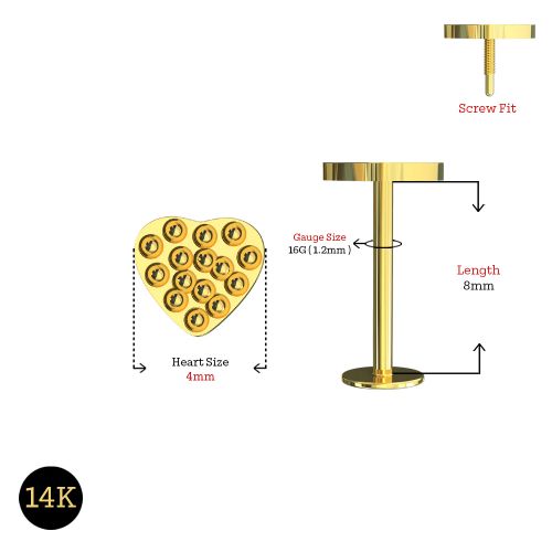 14K Gold Heart Internally Threaded Screw Fit Stud - Monster Piercing