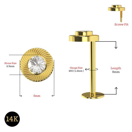 14K Gold Internally Threaded Round CZ Jewelled Screw Fit Stud - Monster Piercing