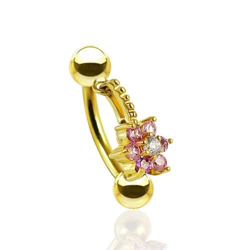 14K Gold Pink Jewelled Flower Dangling Belly Ring - Monster Piercing