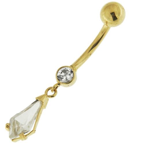 14K Gold Jewelled Dangling Pear Drop Belly Ring - Monster Piercing