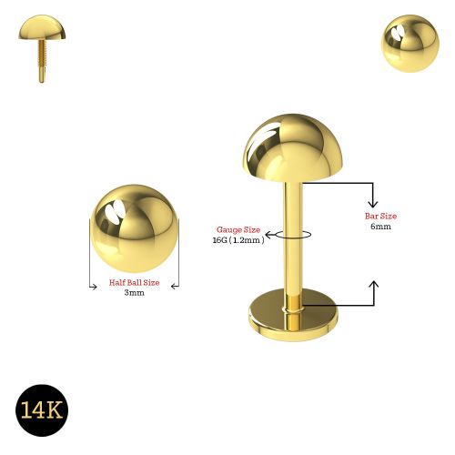 14K Gold Internally Threaded Half Ball Top Flat Back Stud - Monster Piercing