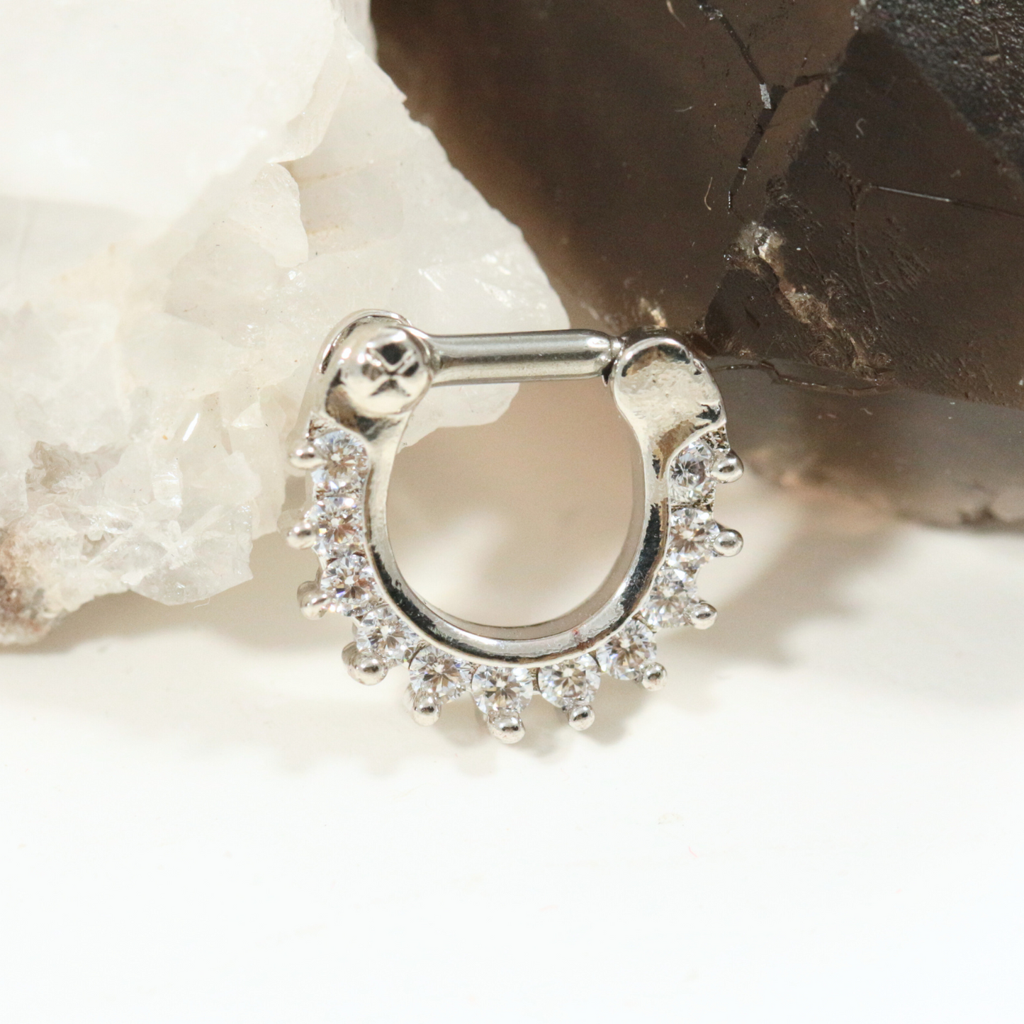 316L Surgical Steel Single Line Pronged CZs Septum Clicker - Monster Piercing