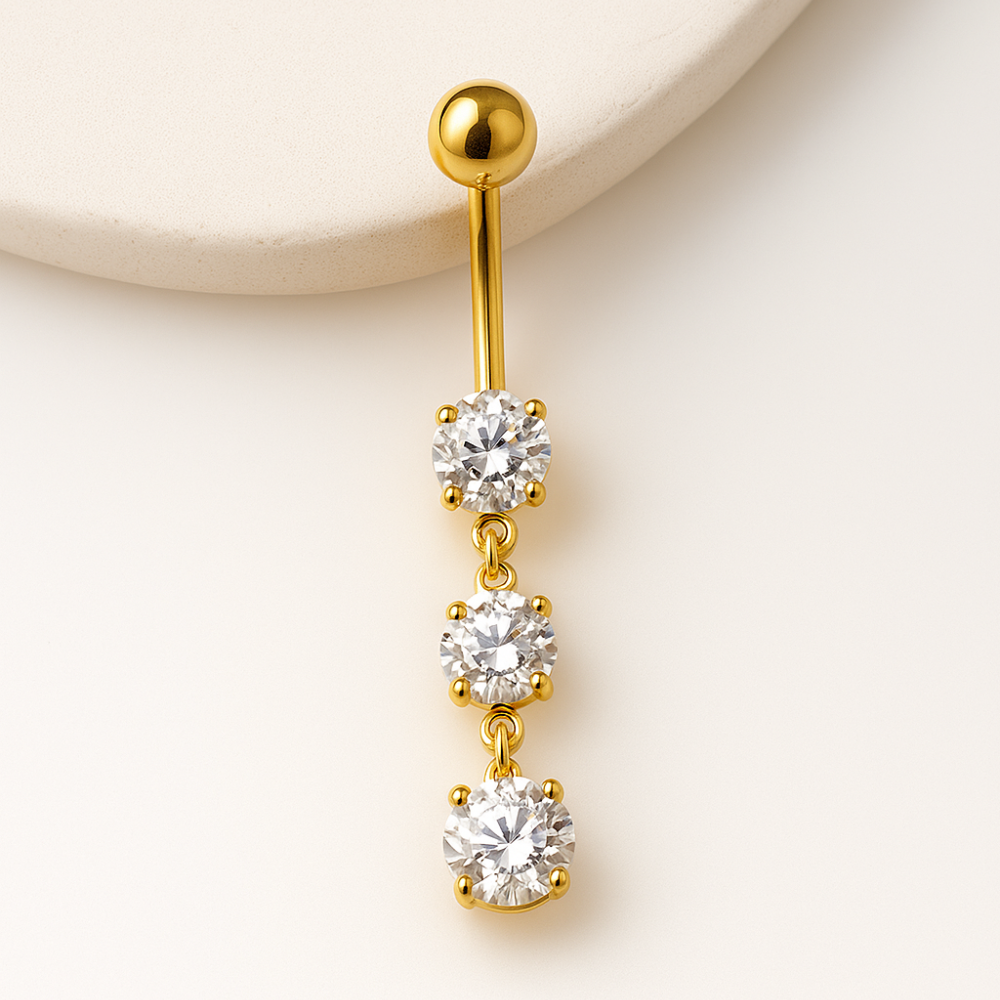 Sterling Silver 925 gold-plated belly ring featuring triple round CZ charms, perfect for stylish body jewelry in apparel accessories.