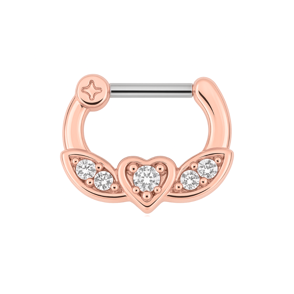 316L Surgical Steel PVD Micro Paved CZ Flying Heart Septum Clicker Ring