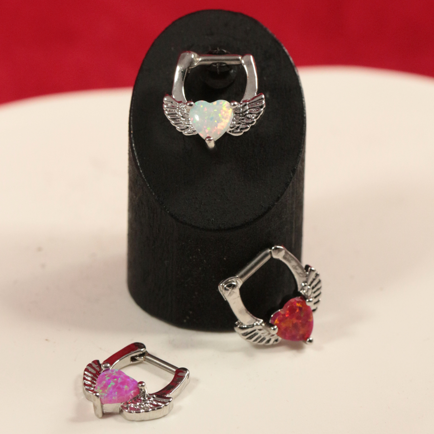 316L Surgical Steel Synthetic White Opal Heart Septum Clicker Ring - Monster Piercing