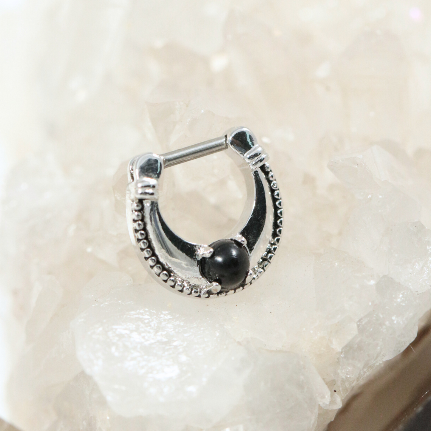 316L Surgical Steel Plain Dotted with Black Stone Jewelled Septum Clicker Ring - Monster Piercing