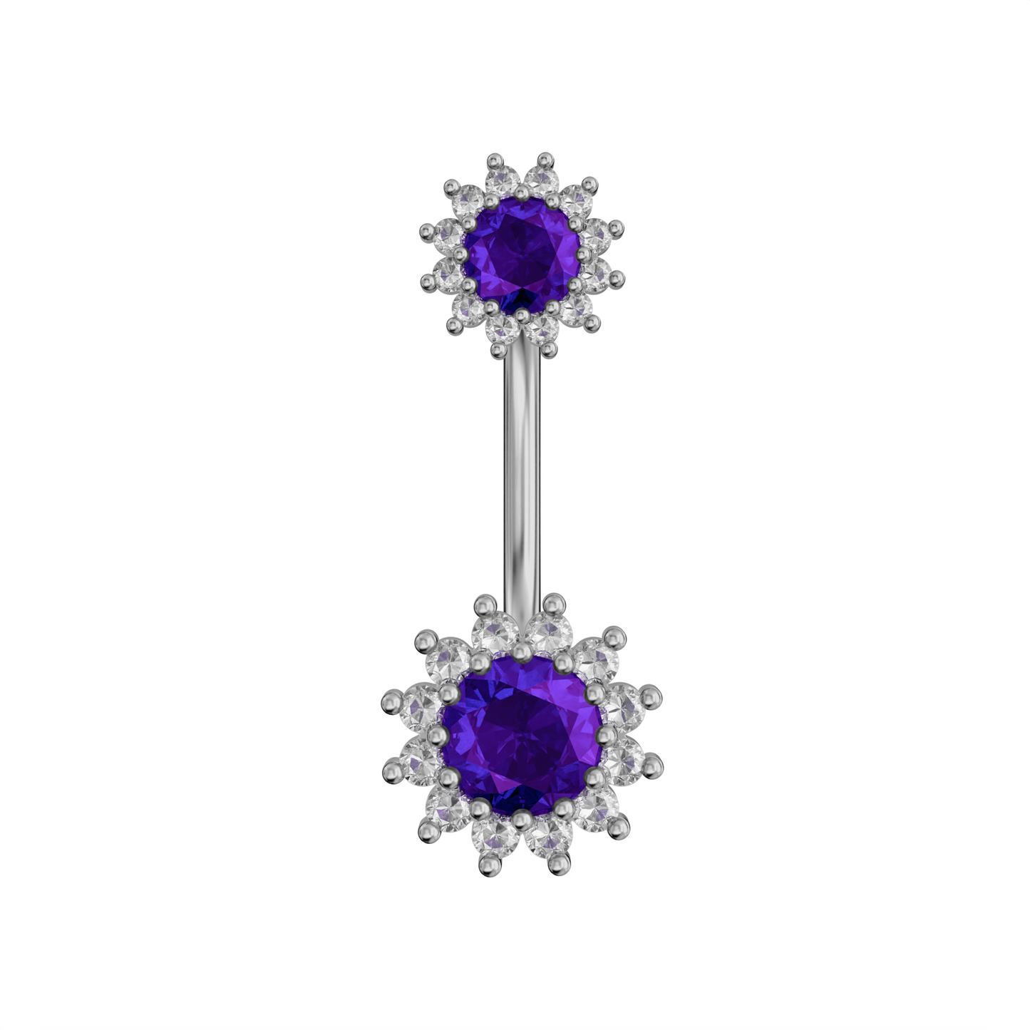 925 Sterling Silver Round CZ Jewelled Double Crystal Flower Non Dangle Belly Button Ring Belly Piercings Clear Clear Lavender Aqua Dark Blue Pink Purple Emerald Peridot Black