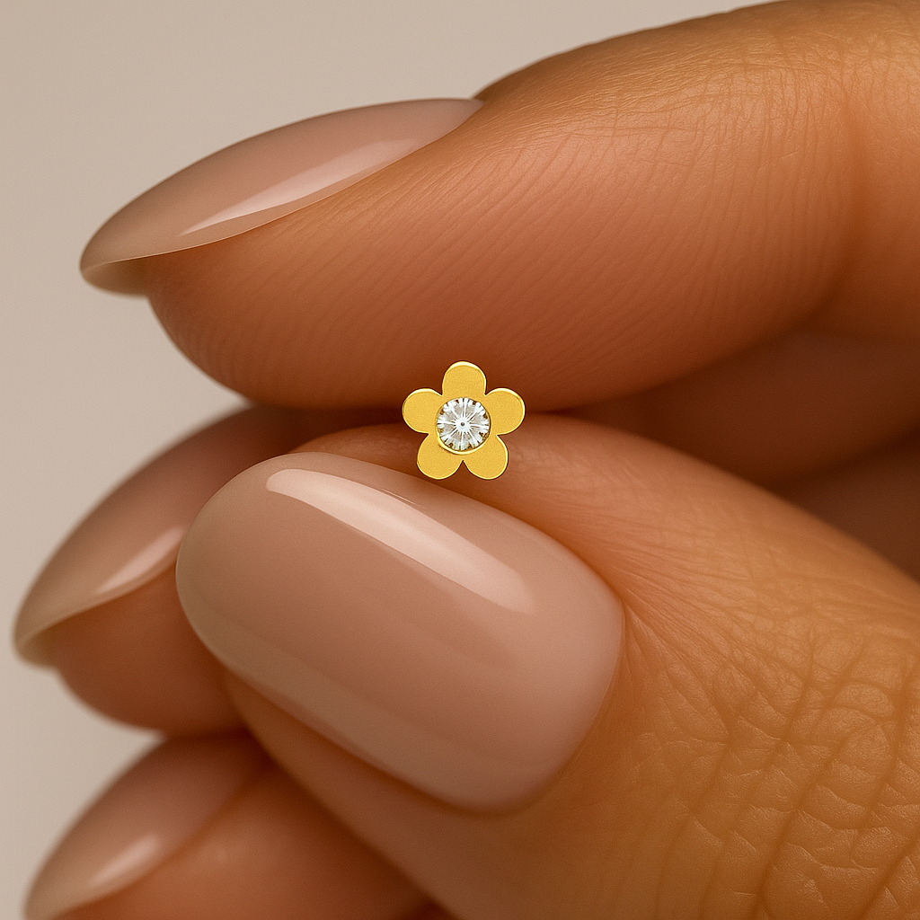 9K Gold Cubic Zirconia Jewelled Flower Design Nose Bone