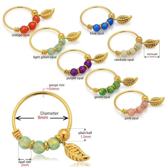 14K Gold Opal Stones & Leaf Hoop Nose Ring - Monster Piercing