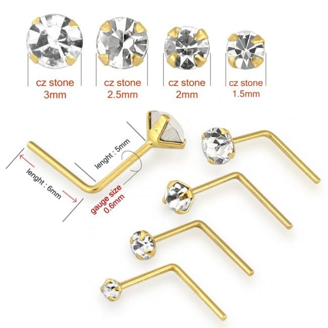 9K Gold L-Shaped Genuine Crystal Nose Stud - Monster Piercing