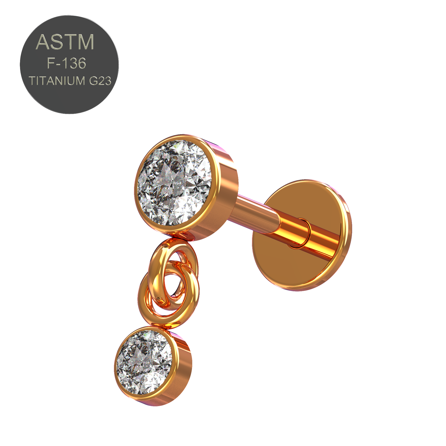 G23 Titanium CZ Stone Dangling Push-Fit Flatback Stud - Monster Piercing