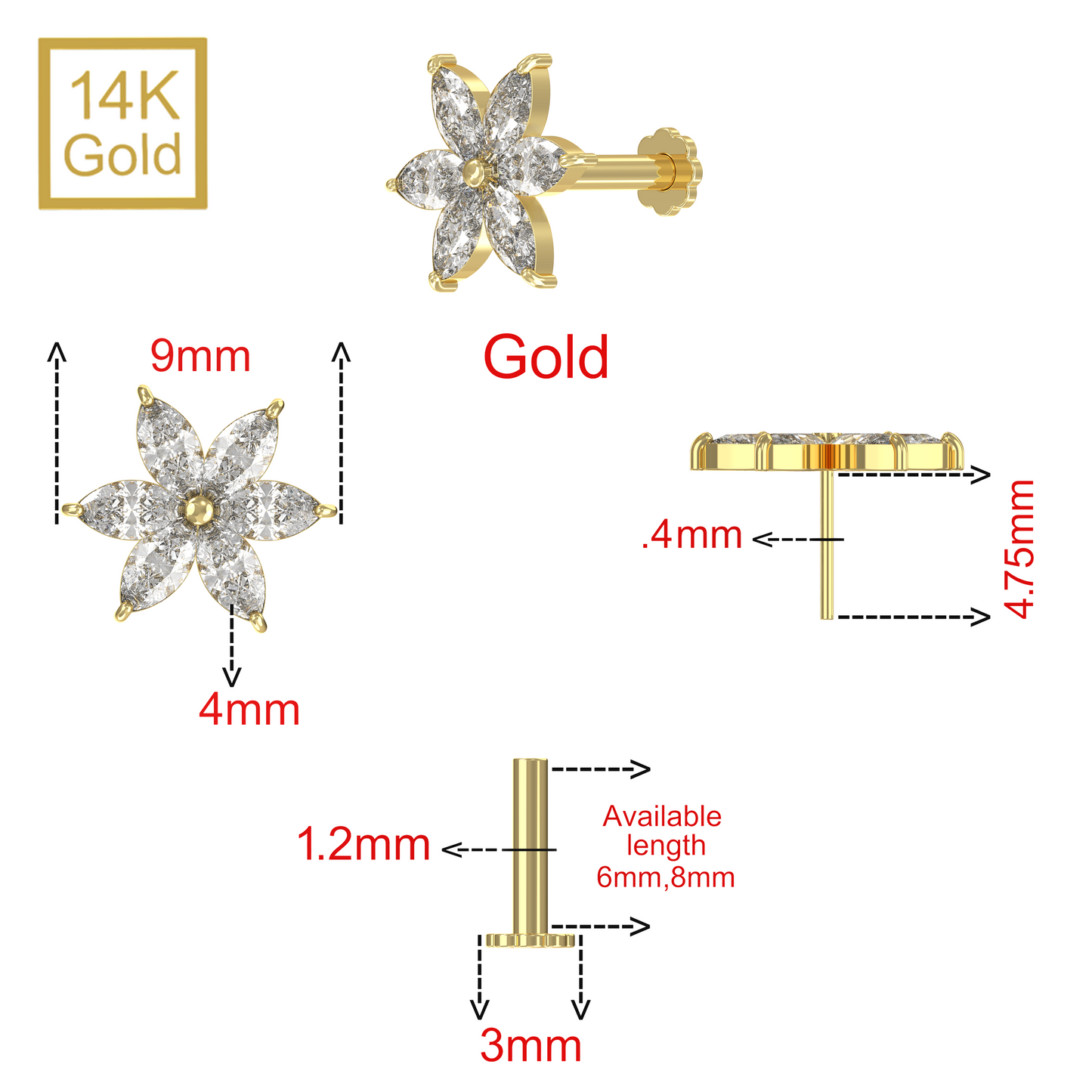 14K Gold Marquise CZ Jewelled Pentas Flower Internal Thread Labret with Flowerback Stud - Monster Piercing