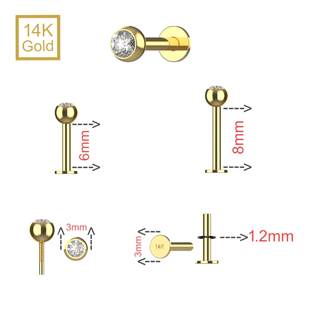 14K Gold Round CZ Jewelled Internally Threaded Labret with Flatback Stud - Monster Piercing