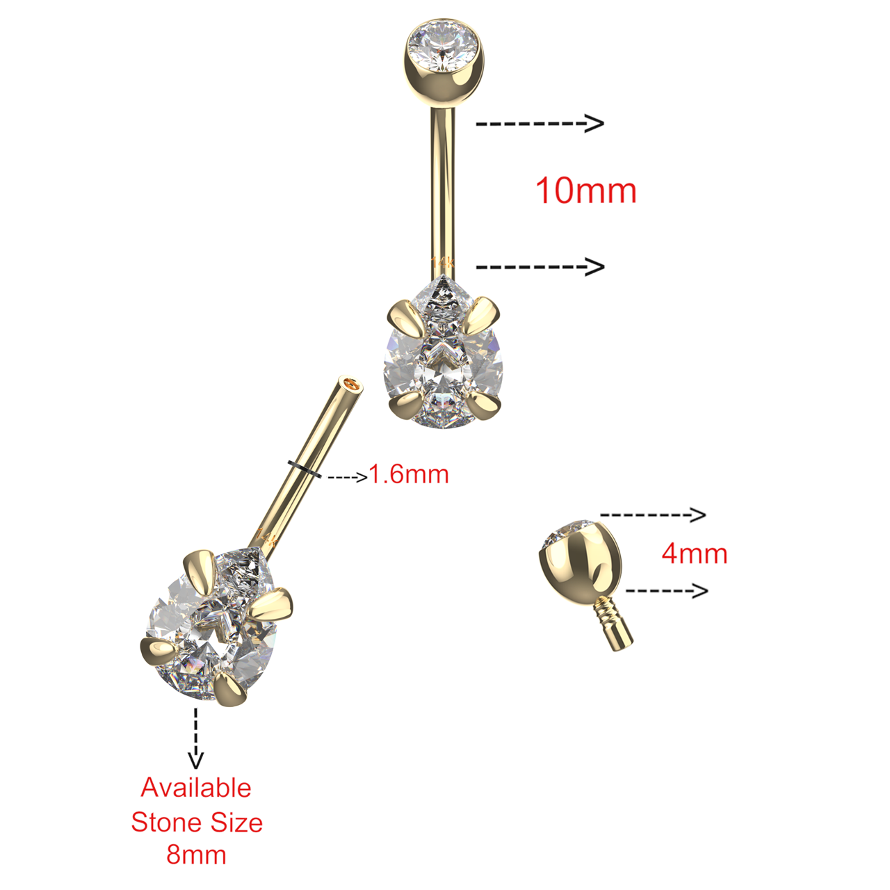14K Gold Pear Cut CZ Jewelled Internally Threaded Top Ball With CZ Belly Ring - Monster Piercing