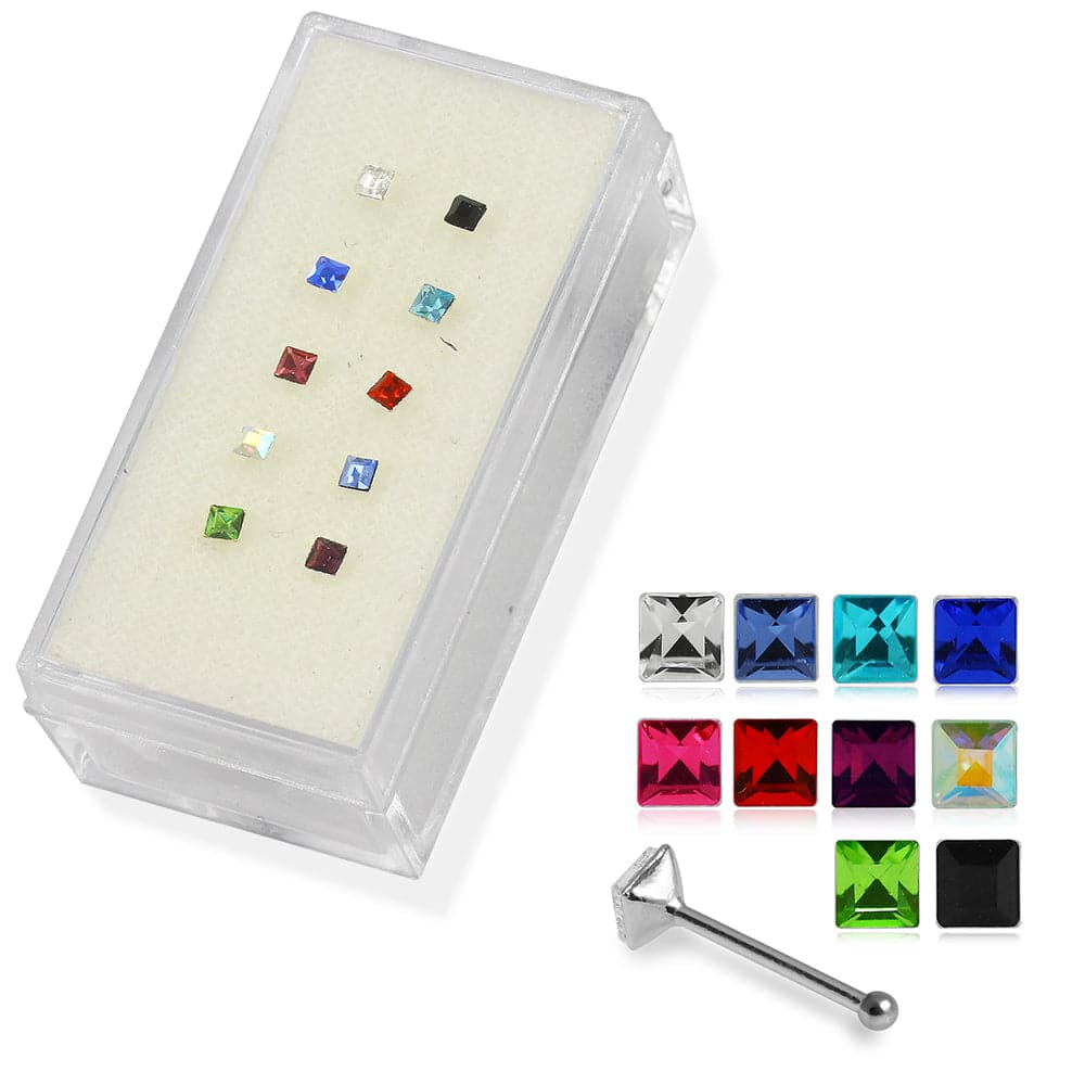 925 Sterling Silver 10pcs Square CZ Jewelled Nose Bone Box - Monster Piercing