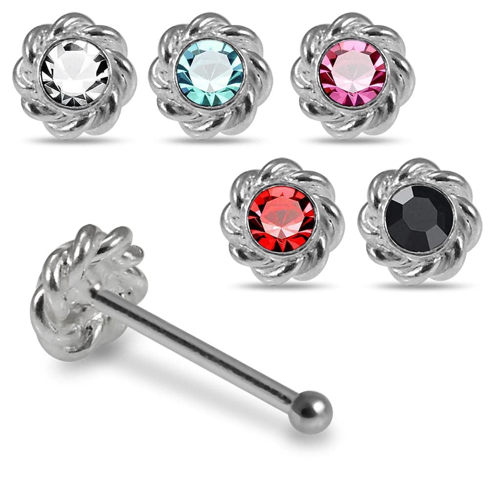 925 Sterling Silver 5pcs CZ Jewelled Flower Design Ball End Nose stud Box - Monster Piercing