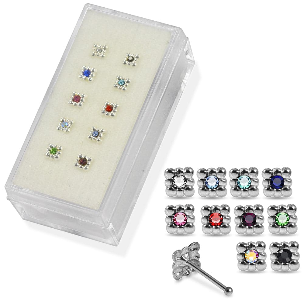 Set of 10pcs Mix 925 Sterling Silver CZ Jewelled Square Design Ball End Nose stud Box - Monster Piercing