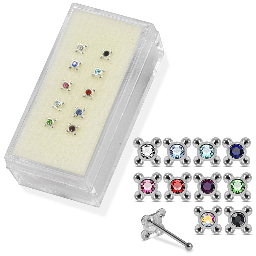 925 Sterling Silver 10pcs CZ Jewelled 4 Dots Nose Bone Box - Monster Piercing