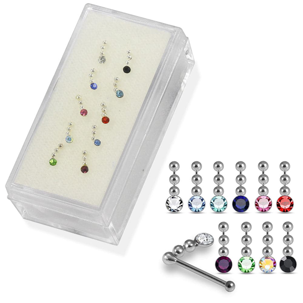 925 Sterling Silver 10pcs CZ Dangling in Chain Nose Bone Set - Monster Piercing