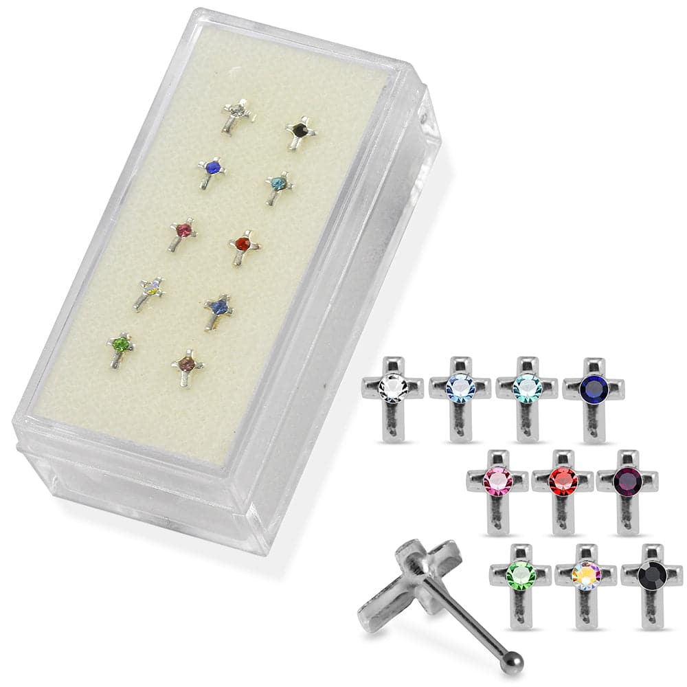 925 Sterling Silver 10pcs CZ Jewelled Cross Nose Bone Box - Monster Piercing