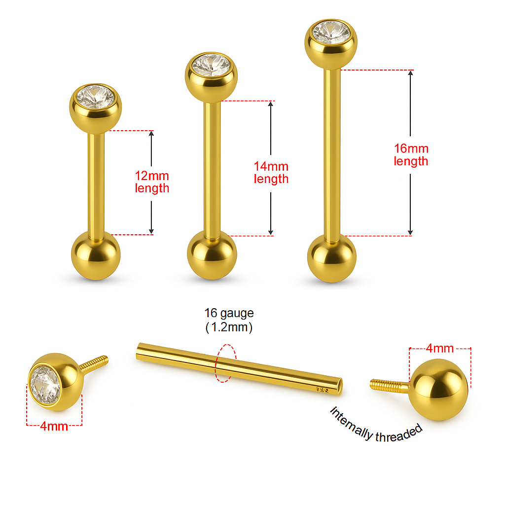 14K Gold Straight Tongue Barbell with CZ Jewelled Top - Monster Piercing