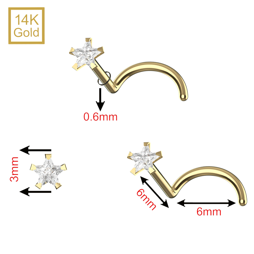 14K Gold Star CZ Jewelled Nose Screw - Monster Piercing