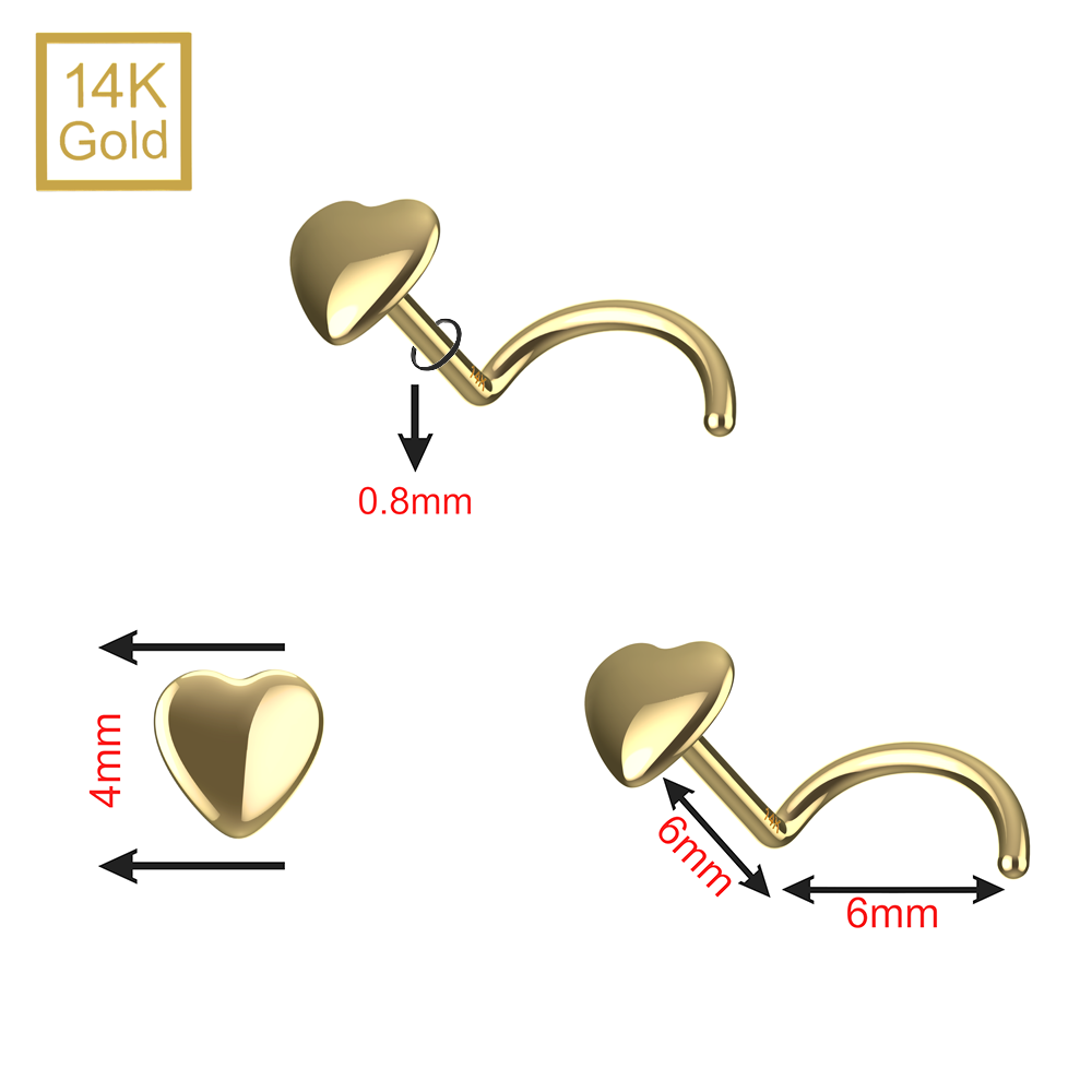 14K Gold Heart Nose Screw Stud - Monster Piercing