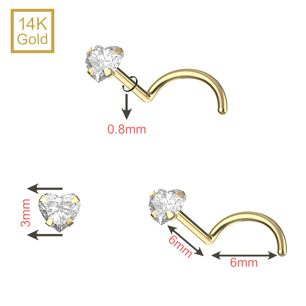 14K Gold Heart Cubic Zirconia Jewelled Nose Screw Stud - Monster Piercing