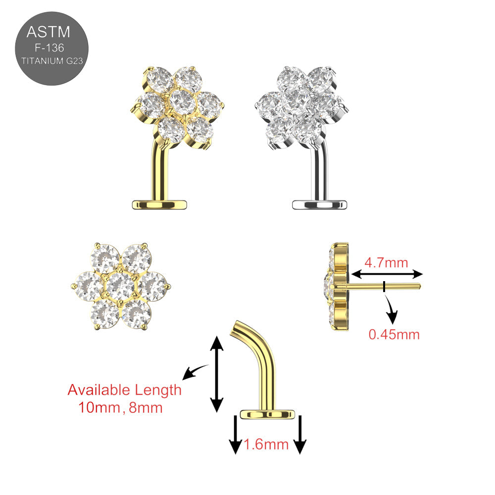 Detailed diagram of G23 titanium CZ jewelled flower threadless floating belly ring showing gold and silver variants, dimensions, and threadless design.