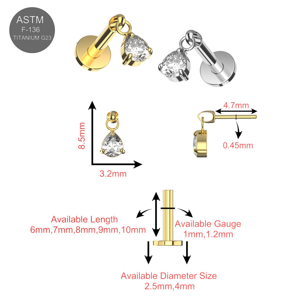 Size chart for G23 Titanium Tri-Cut Crystal Drop Flatback Stud showing dimensions, gauge options, and available lengths for body jewelry fit.