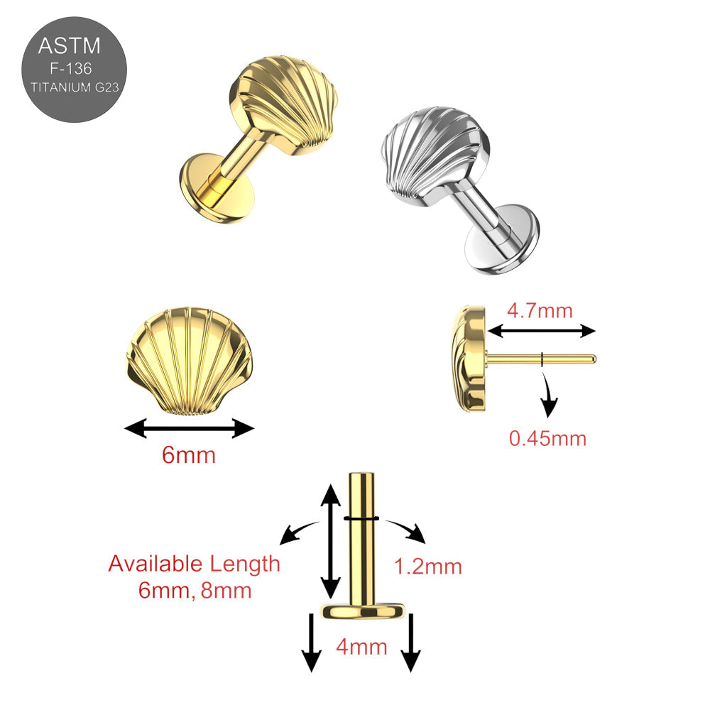 Detailed specs of Seashell Elegance Flatback in gold and silver G23 Titanium, showing dimensions, threadless design, and hypoallergenic features.