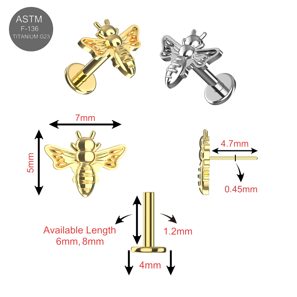 Detailed size chart of CZ Bee Flatback Stud in gold and silver G23 Titanium, showing dimensions and available lengths for piercings.